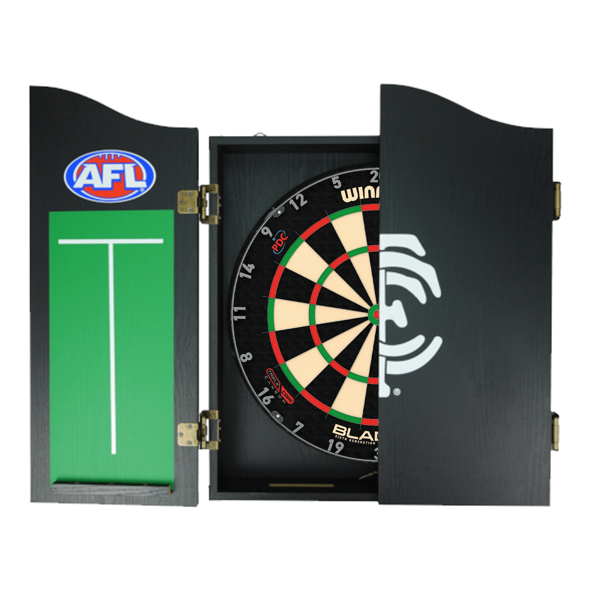 Blade 6 Dartboard, Official AFL Cabinet & Darts - Complete Darts Set