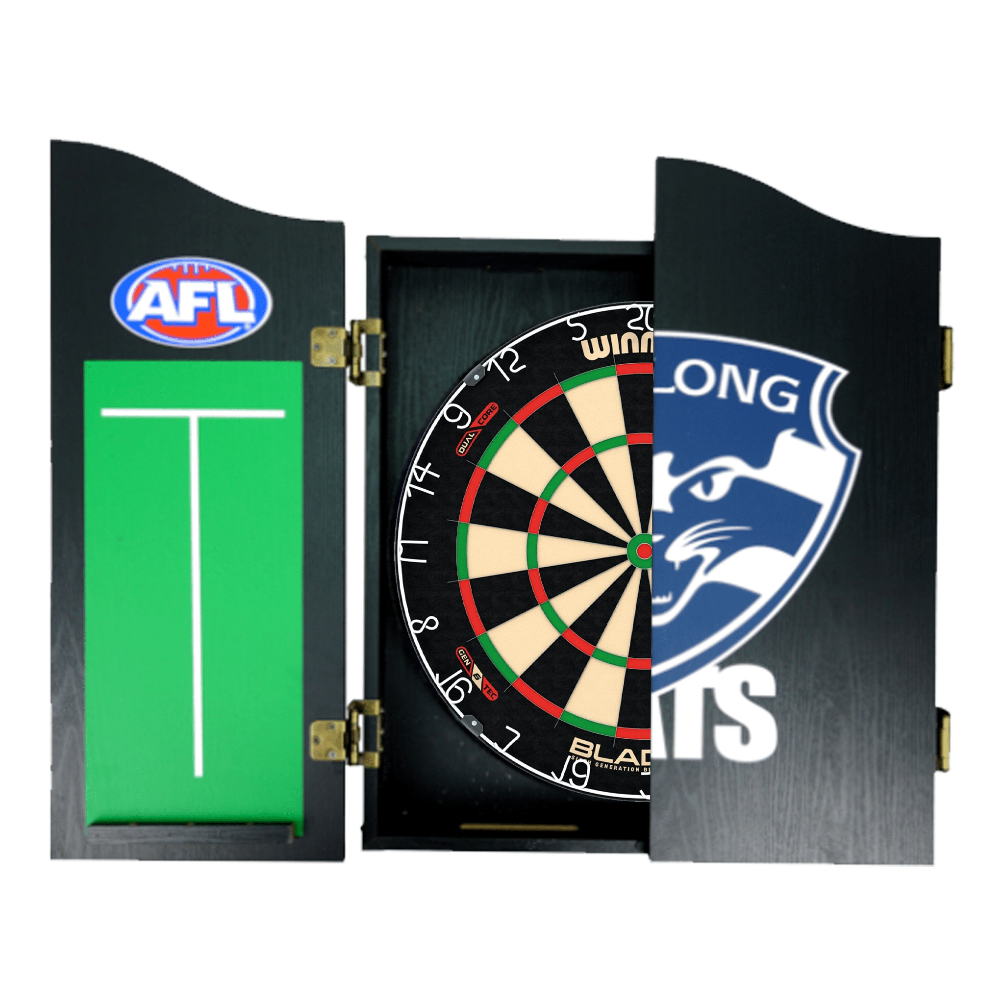 Blade 6 Dartboard, Official AFL Cabinet & Darts - Complete Darts Set