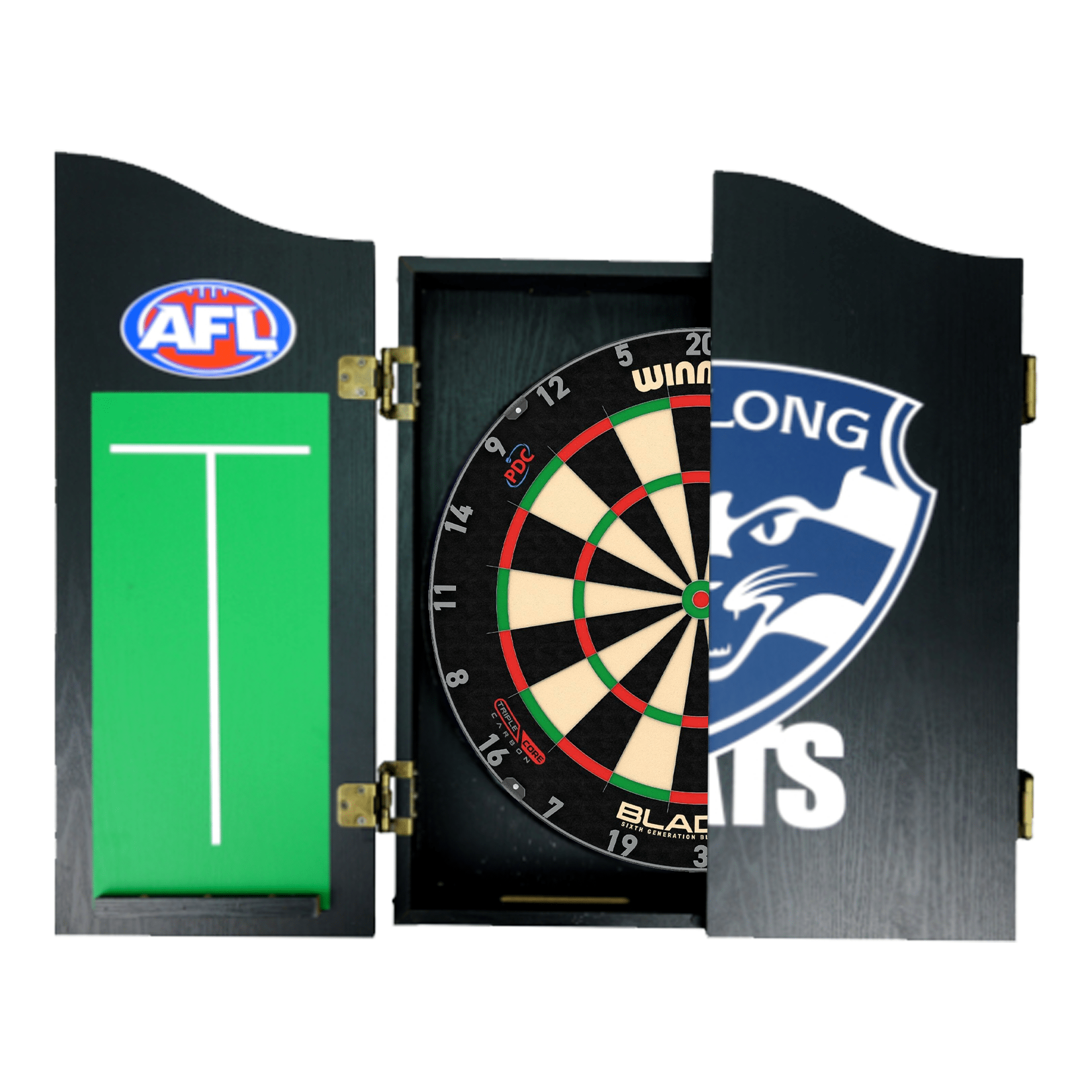 Blade 6 Dartboard, Official AFL Cabinet & Darts - Complete Darts Set