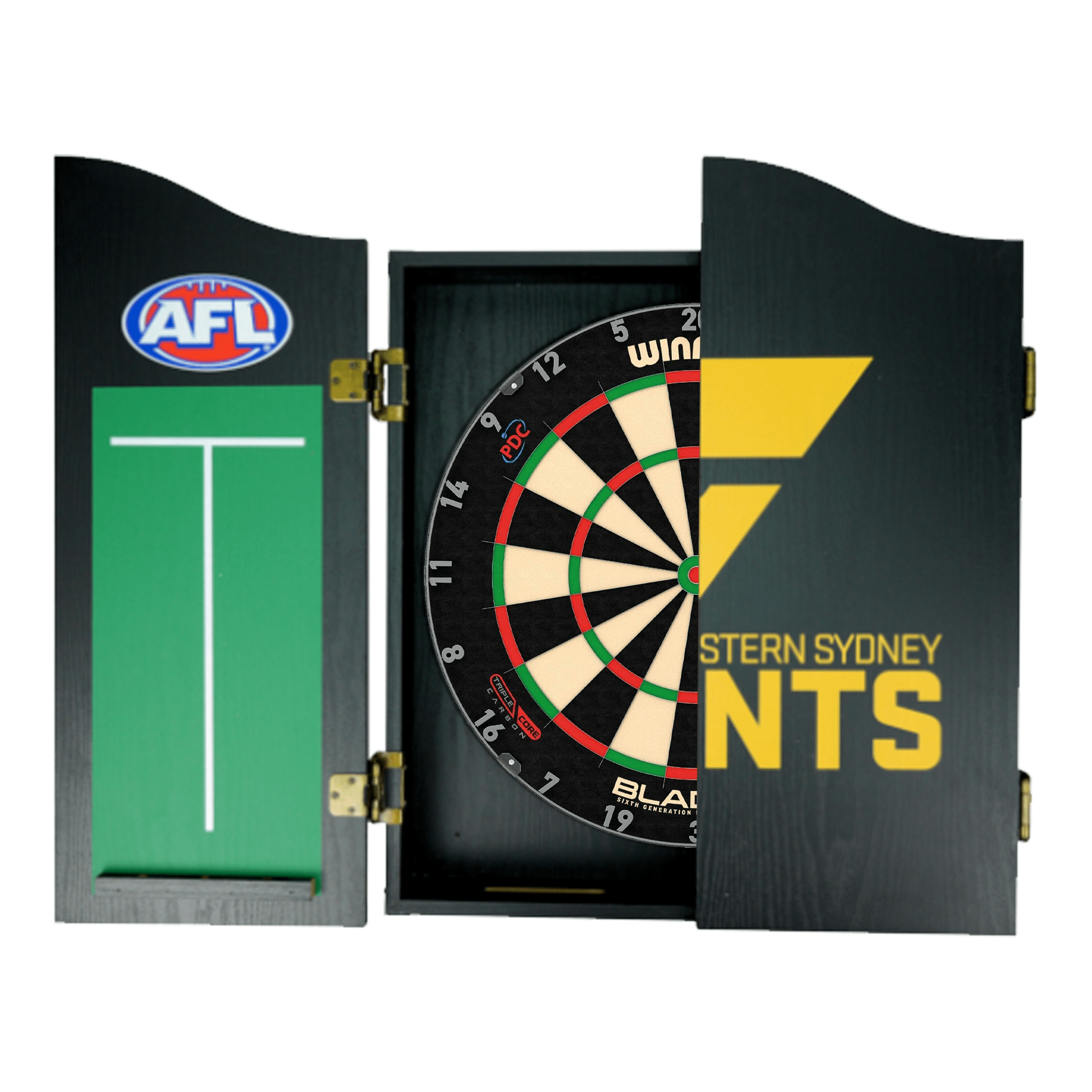 Blade 6 Dartboard, Official AFL Cabinet & Darts - Complete Darts Set