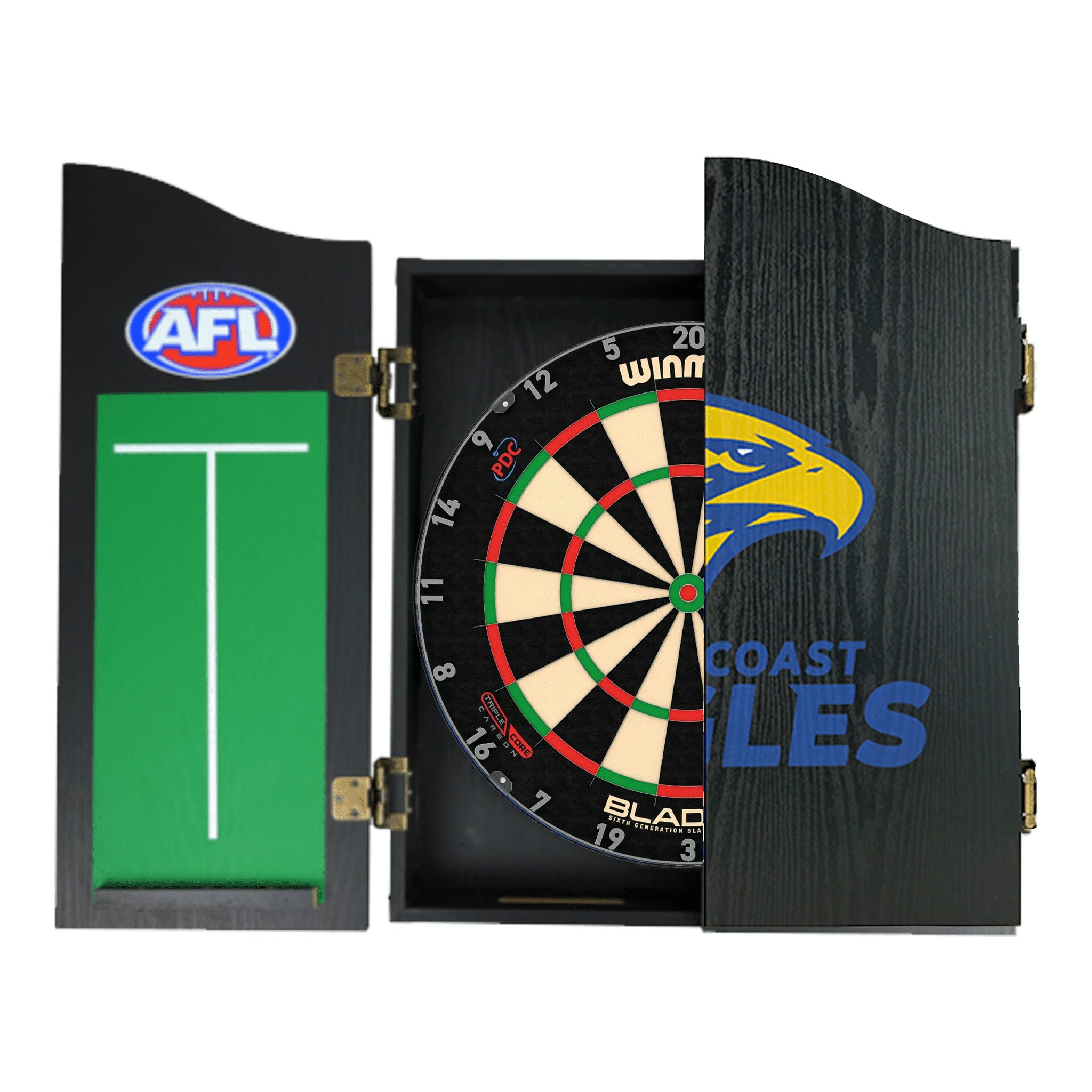 Blade 6 Dartboard, Official AFL Cabinet & Darts - Complete Darts Set