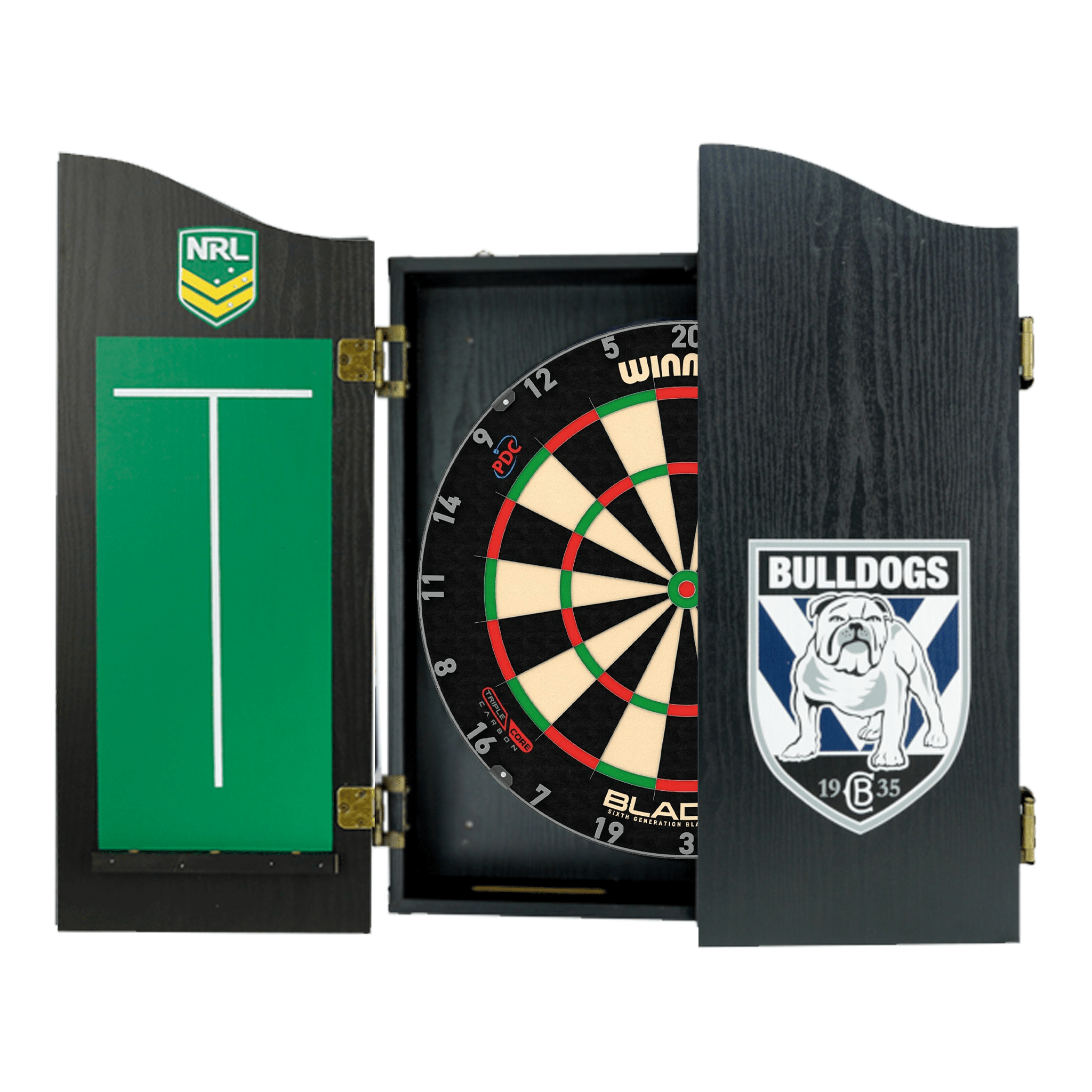 Blade 6 Dartboard, Official NRL Cabinet & Darts - Complete Darts Set