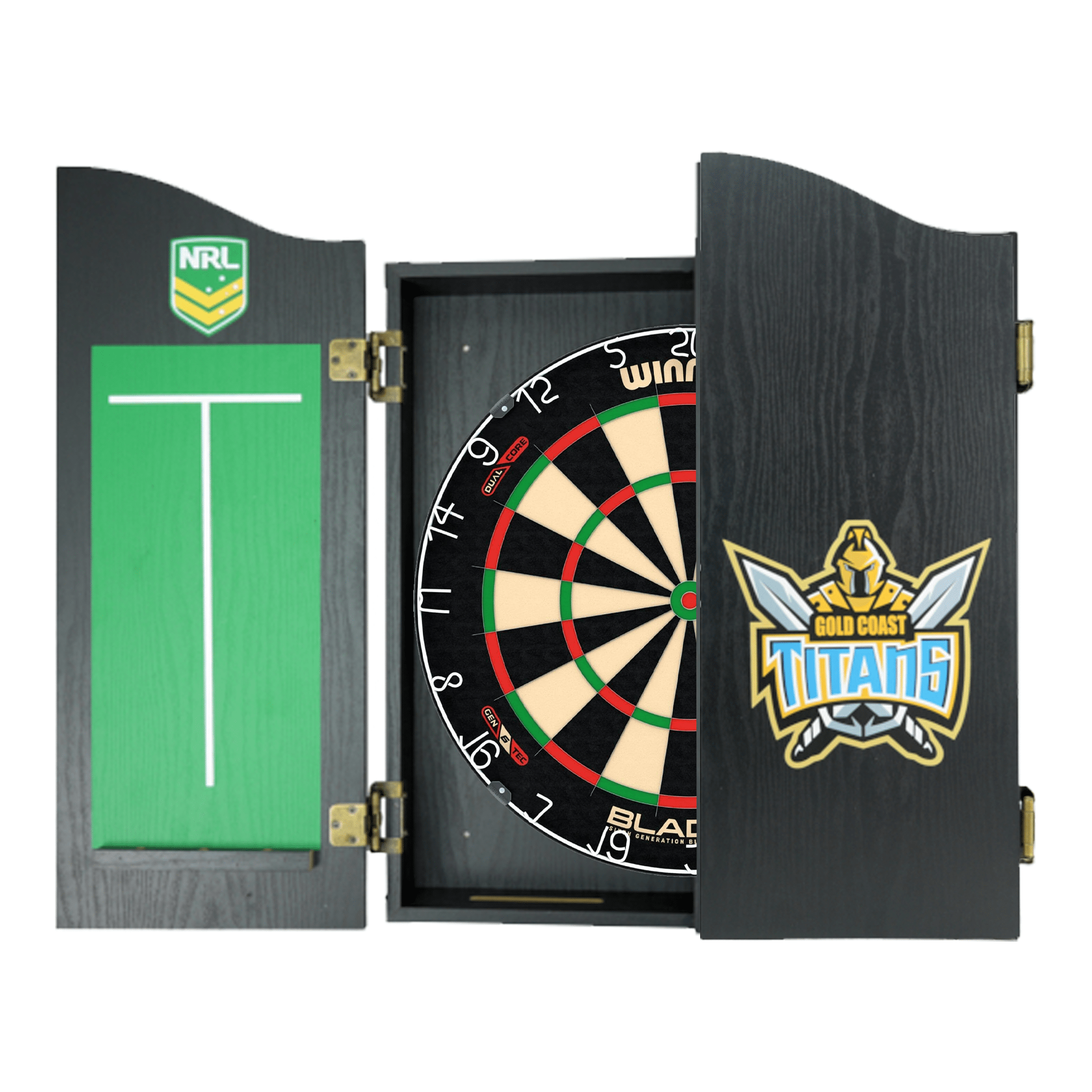 Blade 6 Dartboard, Official NRL Cabinet & Darts - Complete Darts Set