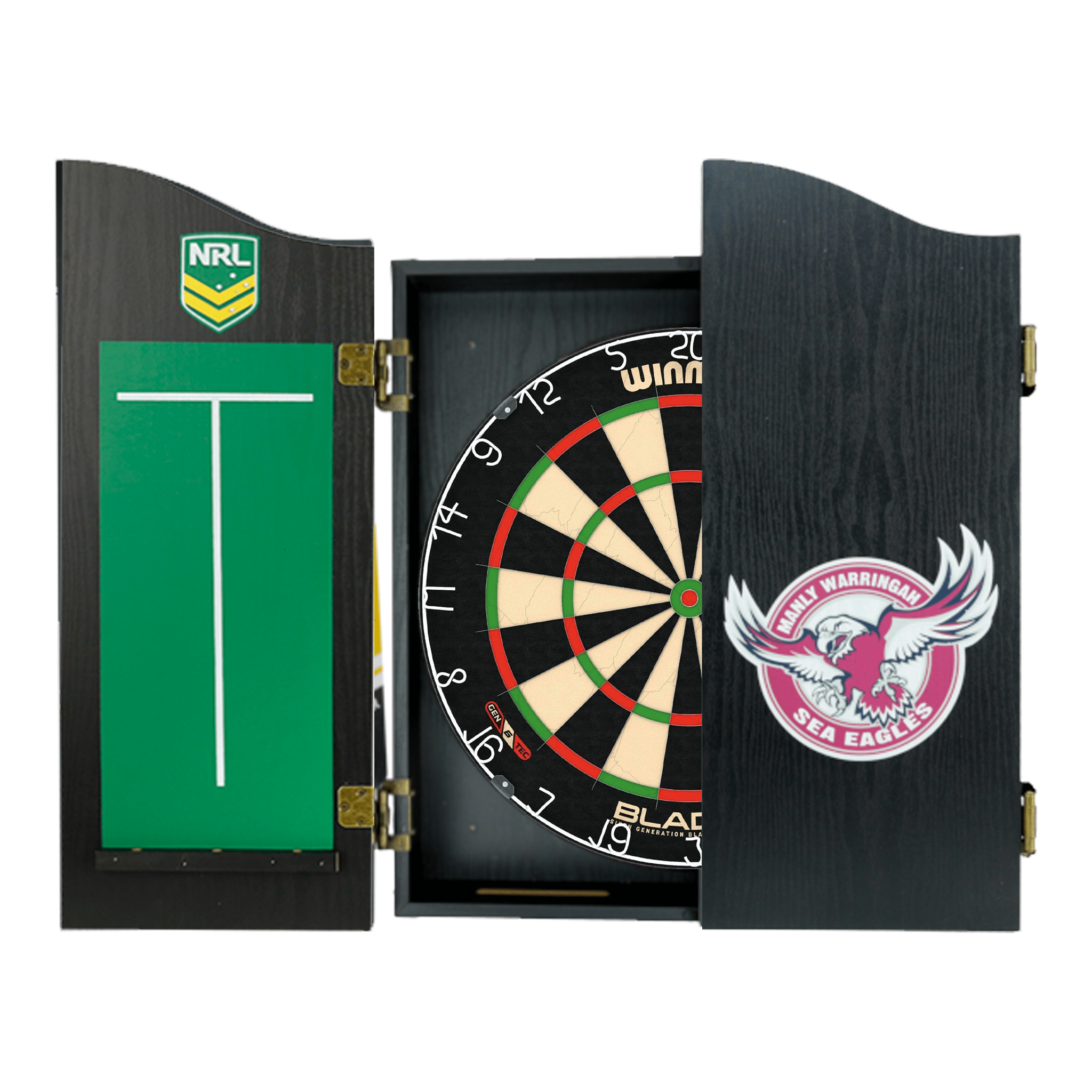 Blade 6 Dartboard, Official NRL Cabinet & Darts - Complete Darts Set