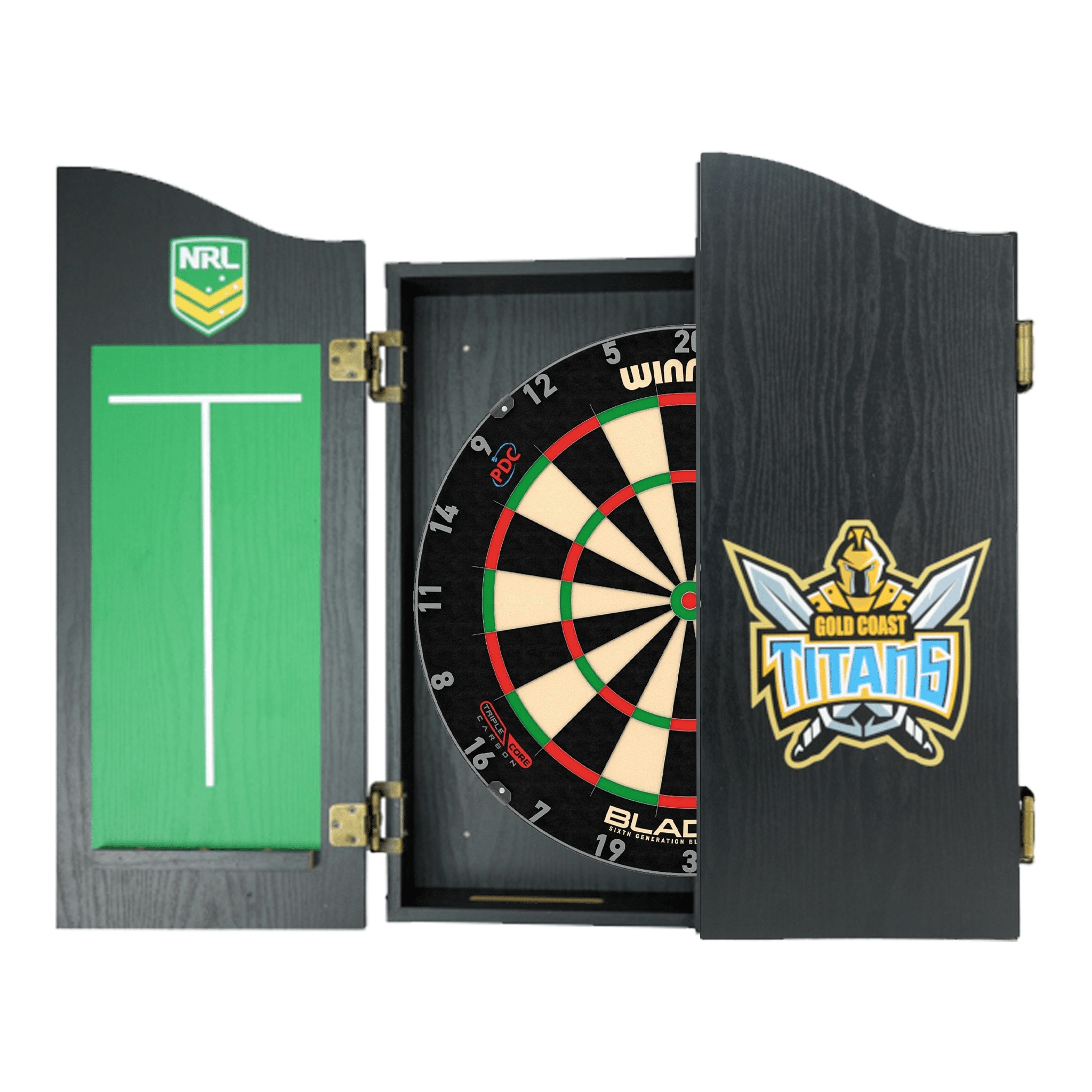 Blade 6 Dartboard, Official NRL Cabinet & Darts - Complete Darts Set