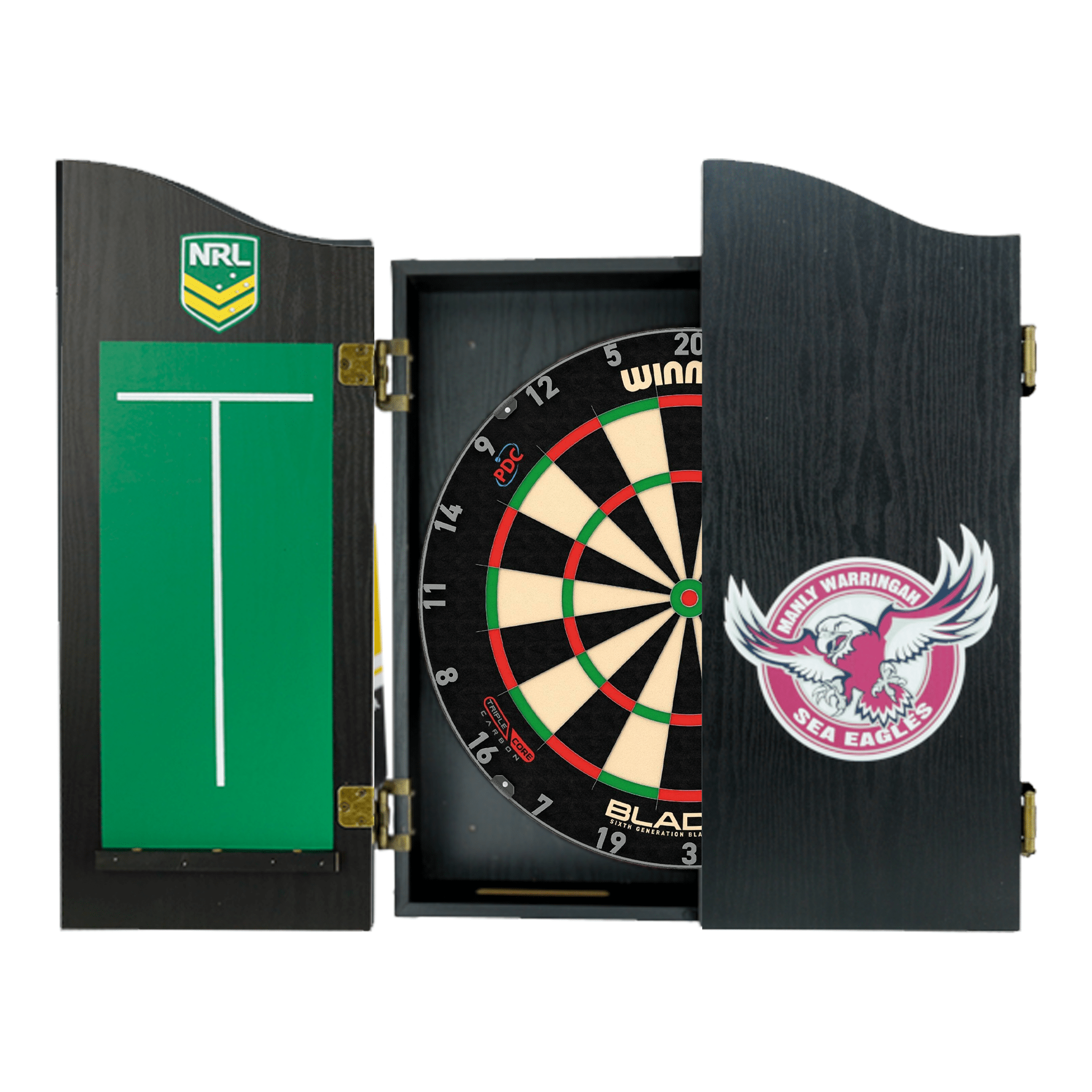 Blade 6 Dartboard, Official NRL Cabinet & Darts - Complete Darts Set