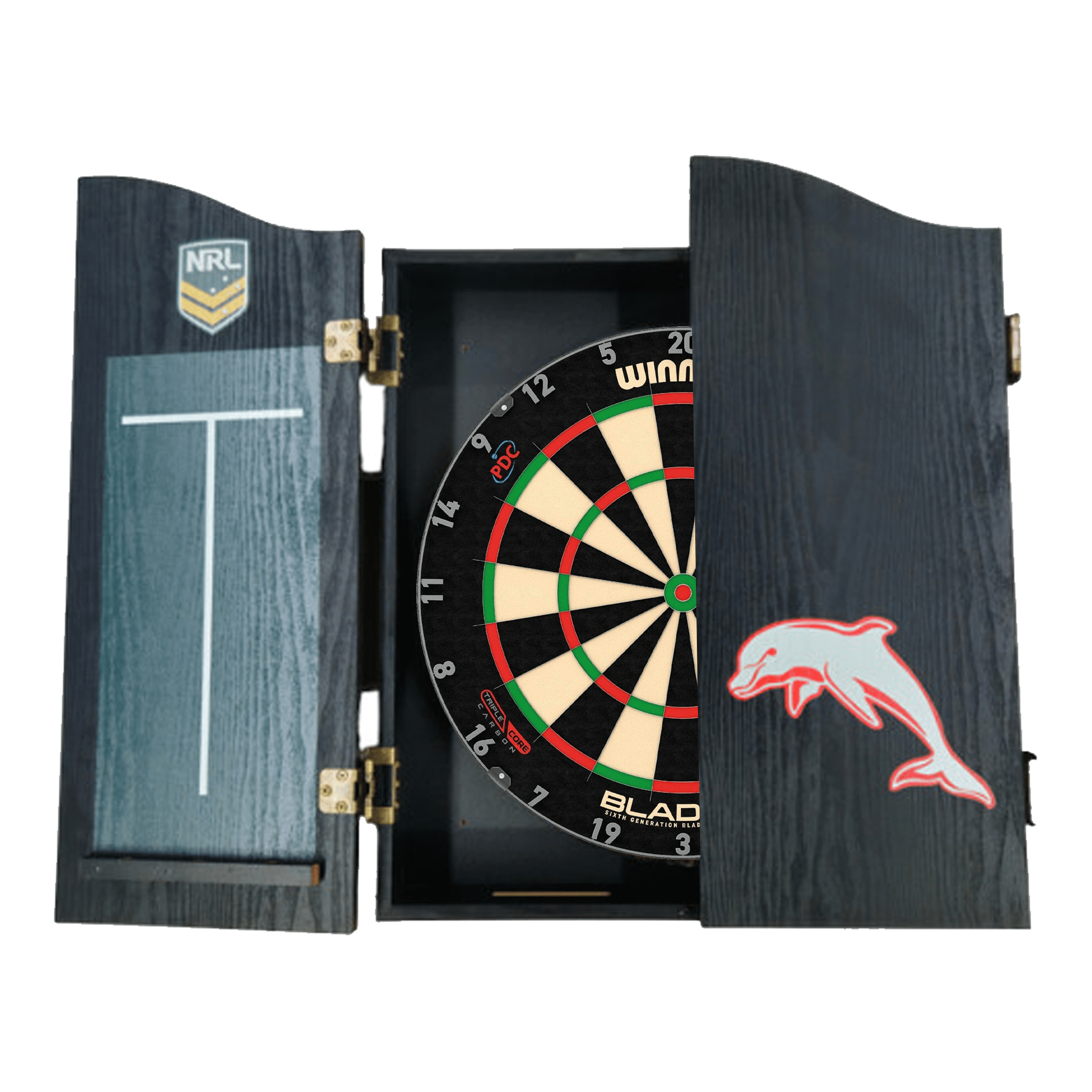 Blade 6 Dartboard, Official NRL Cabinet & Darts - Complete Darts Set