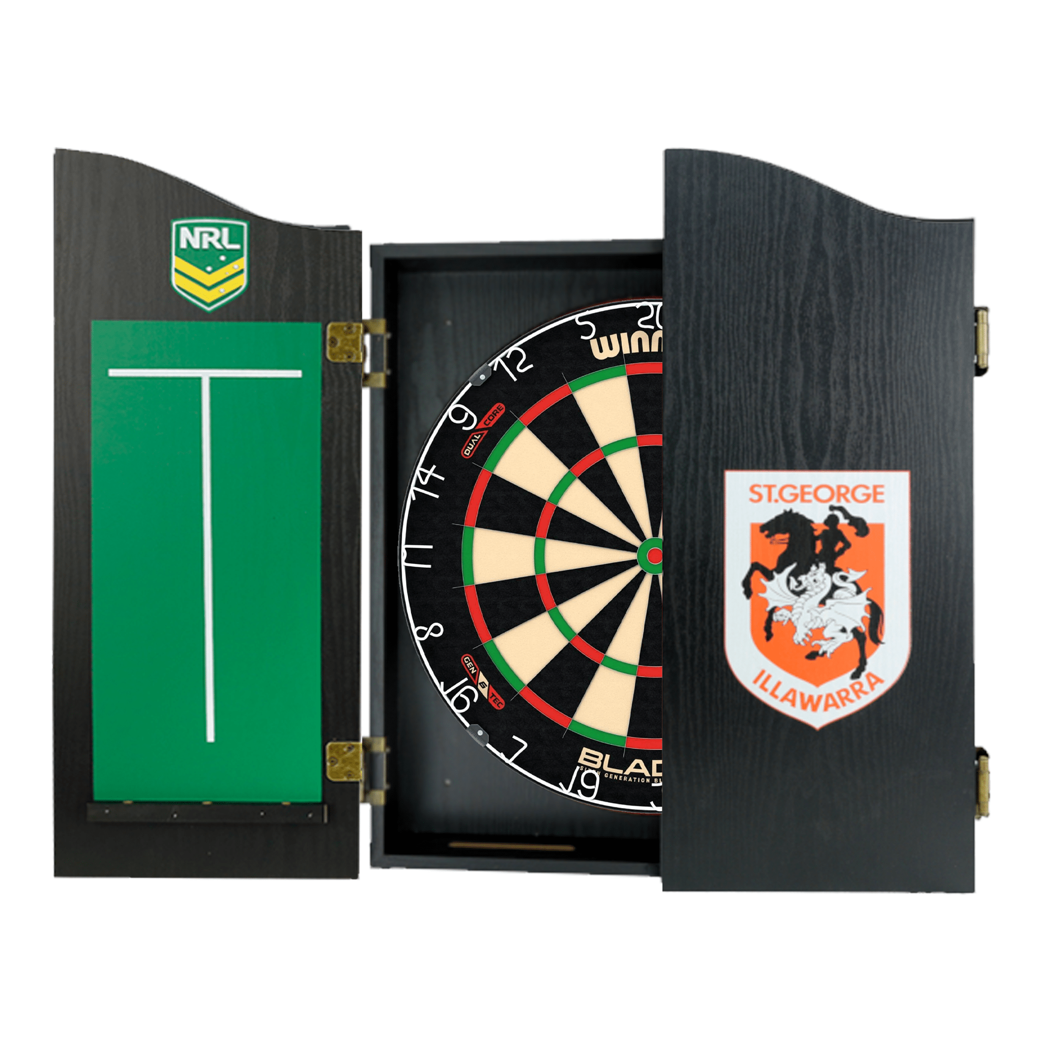 Blade 6 Dartboard, Official NRL Cabinet & Darts - Complete Darts Set