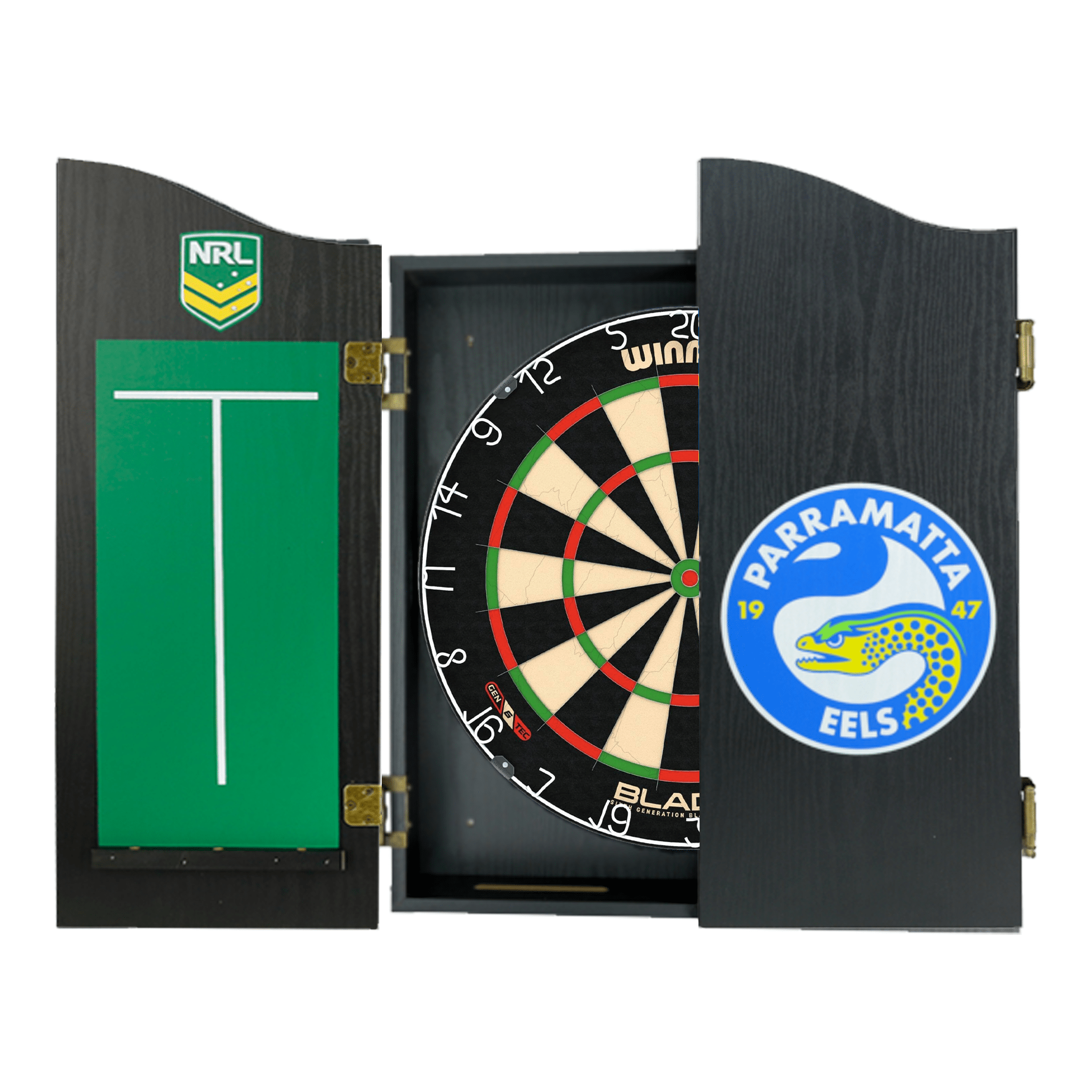 Blade 6 Dartboard, Official NRL Cabinet & Darts - Complete Darts Set