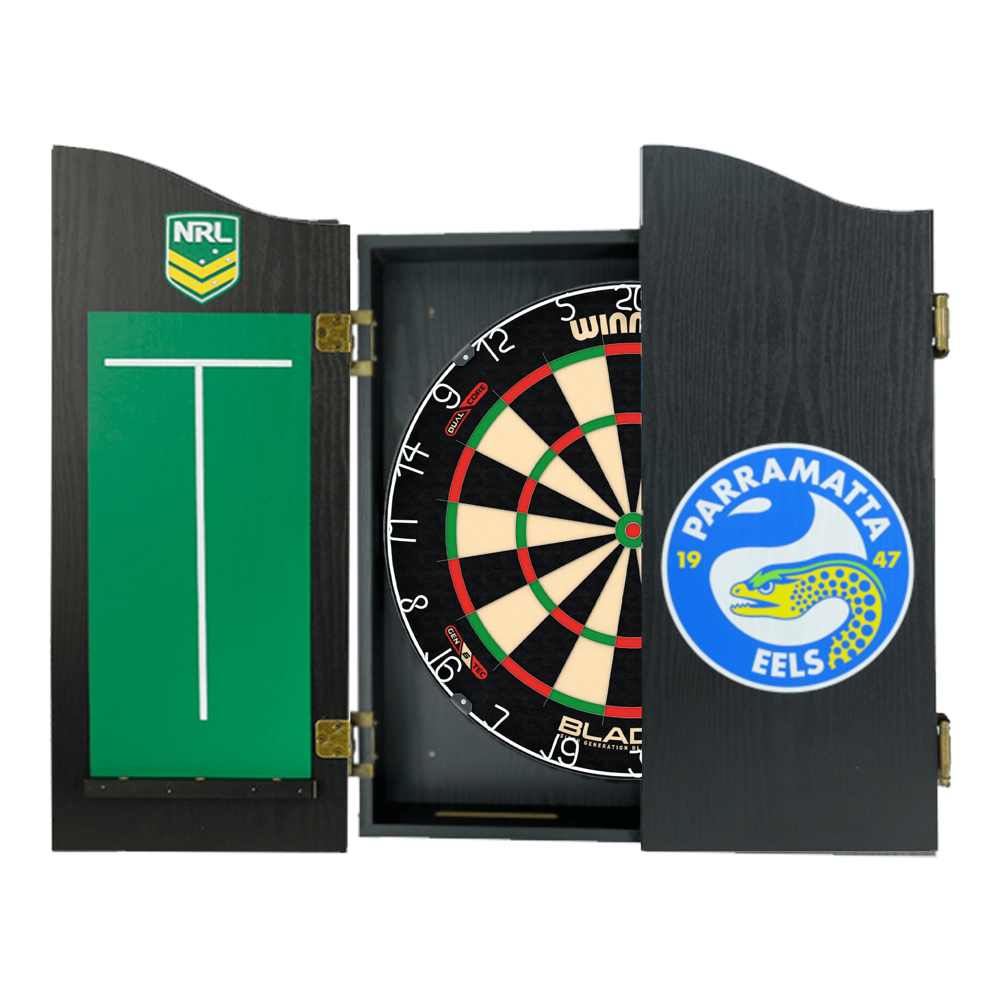 Blade 6 Dartboard, Official NRL Cabinet & Darts - Complete Darts Set