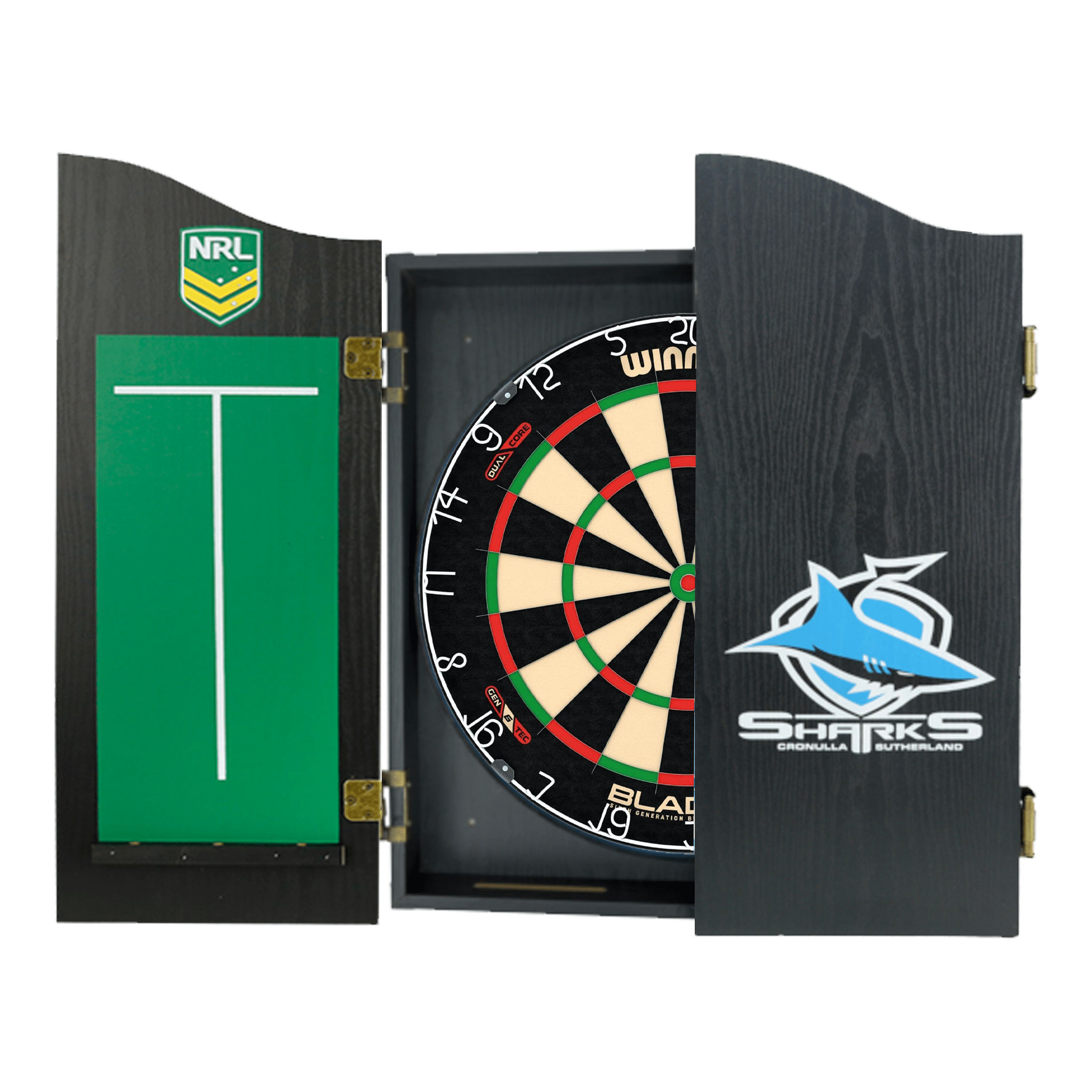 Blade 6 Dartboard, Official NRL Cabinet & Darts - Complete Darts Set