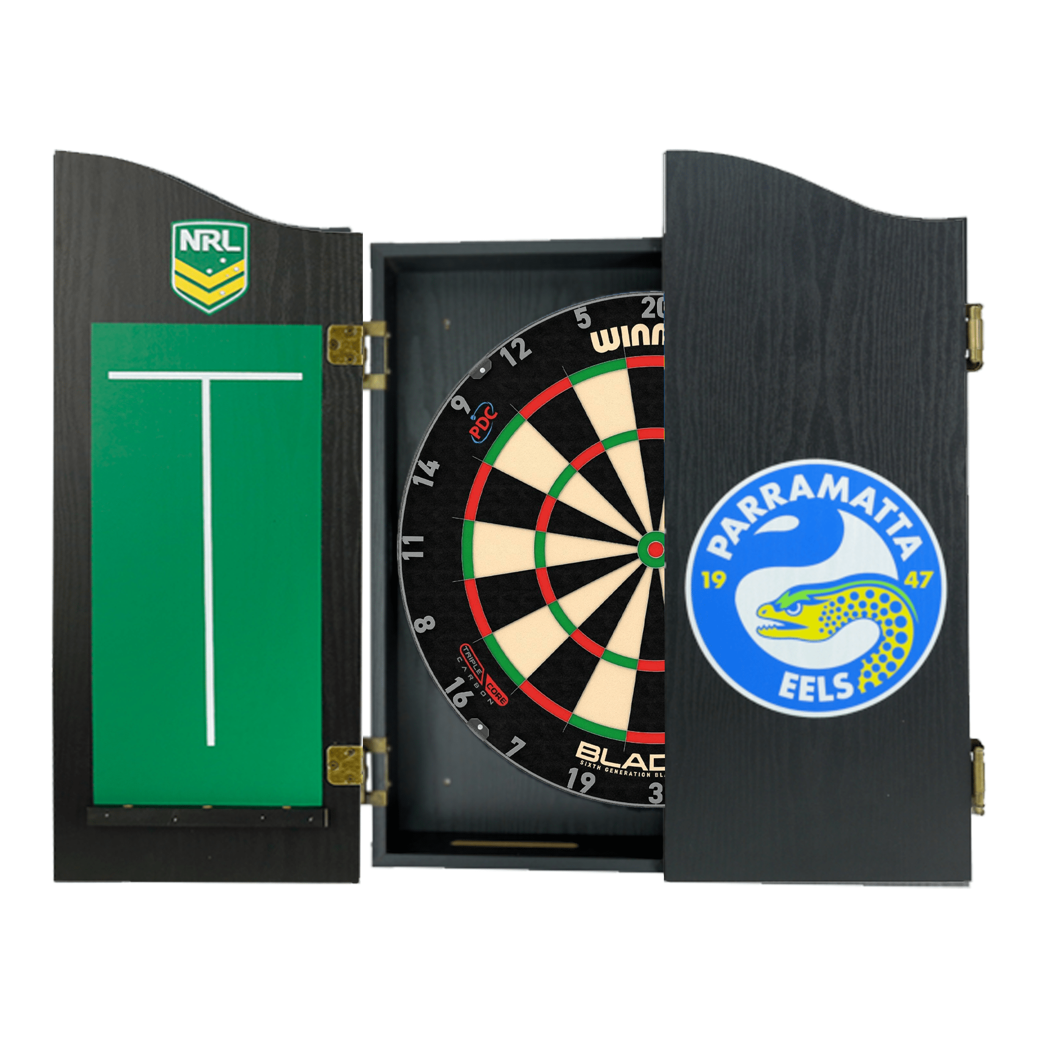 Blade 6 Dartboard, Official NRL Cabinet & Darts - Complete Darts Set