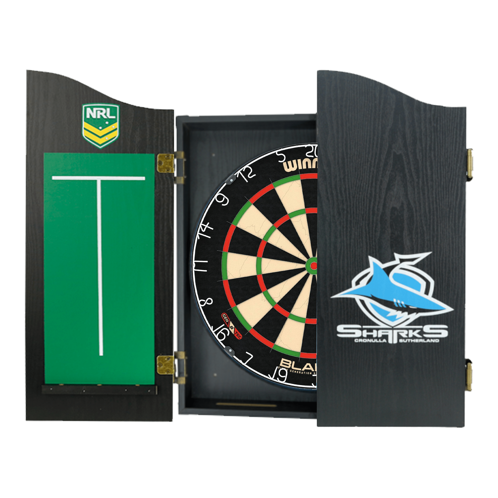 Blade 6 Dartboard, Official NRL Cabinet & Darts - Complete Darts Set