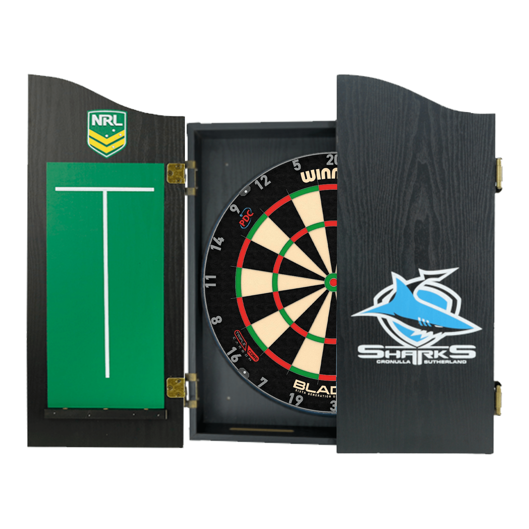 Blade 6 Dartboard, Official NRL Cabinet & Darts - Complete Darts Set