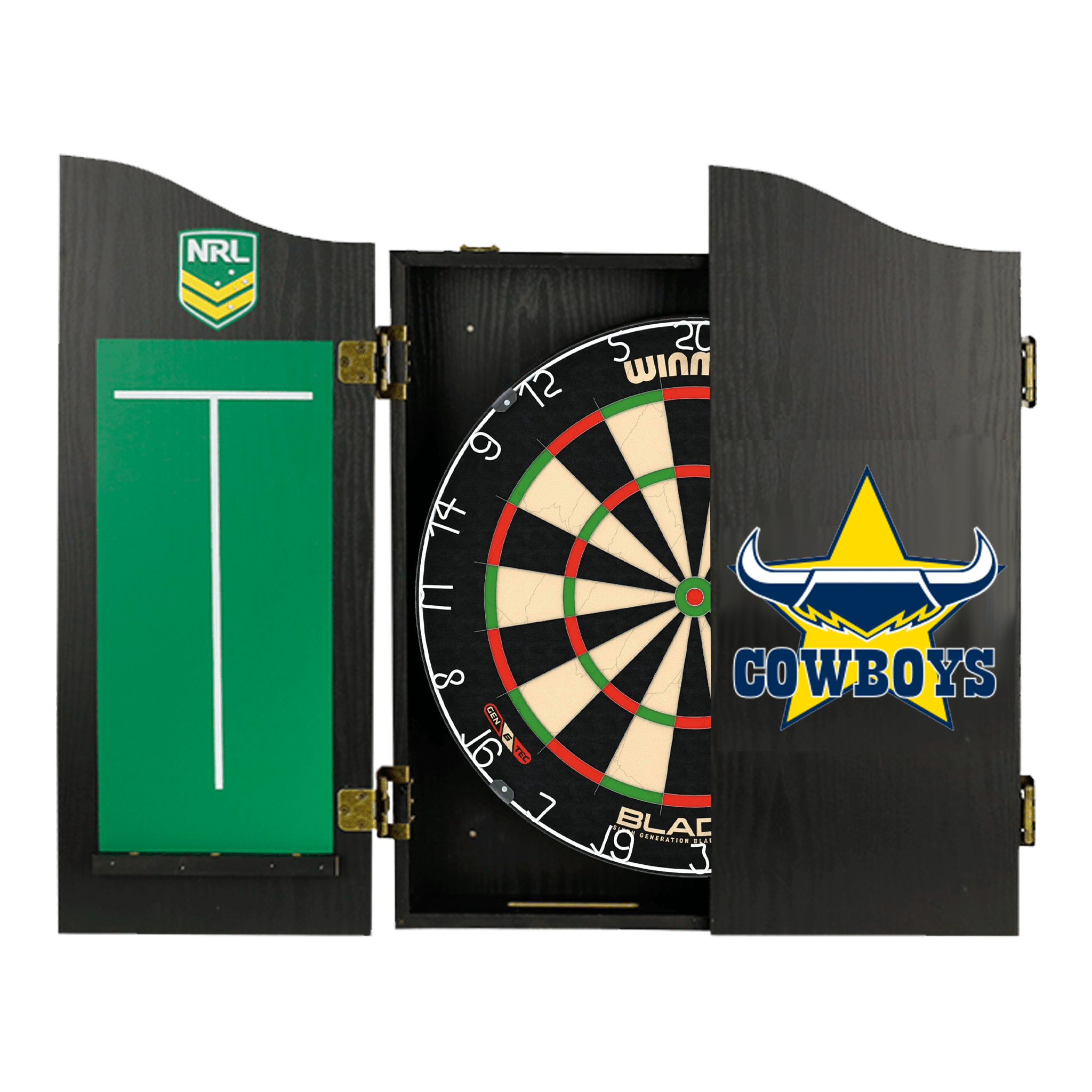 Blade 6 Dartboard, Official NRL Cabinet & Darts - Complete Darts Set