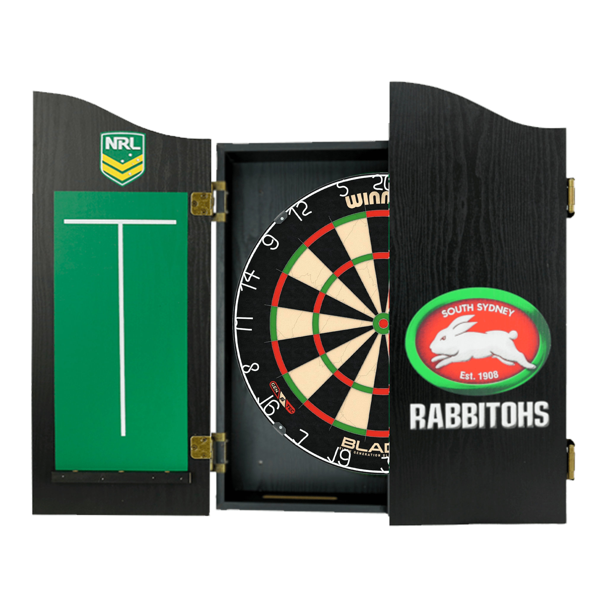 Blade 6 Dartboard, Official NRL Cabinet & Darts - Complete Darts Set