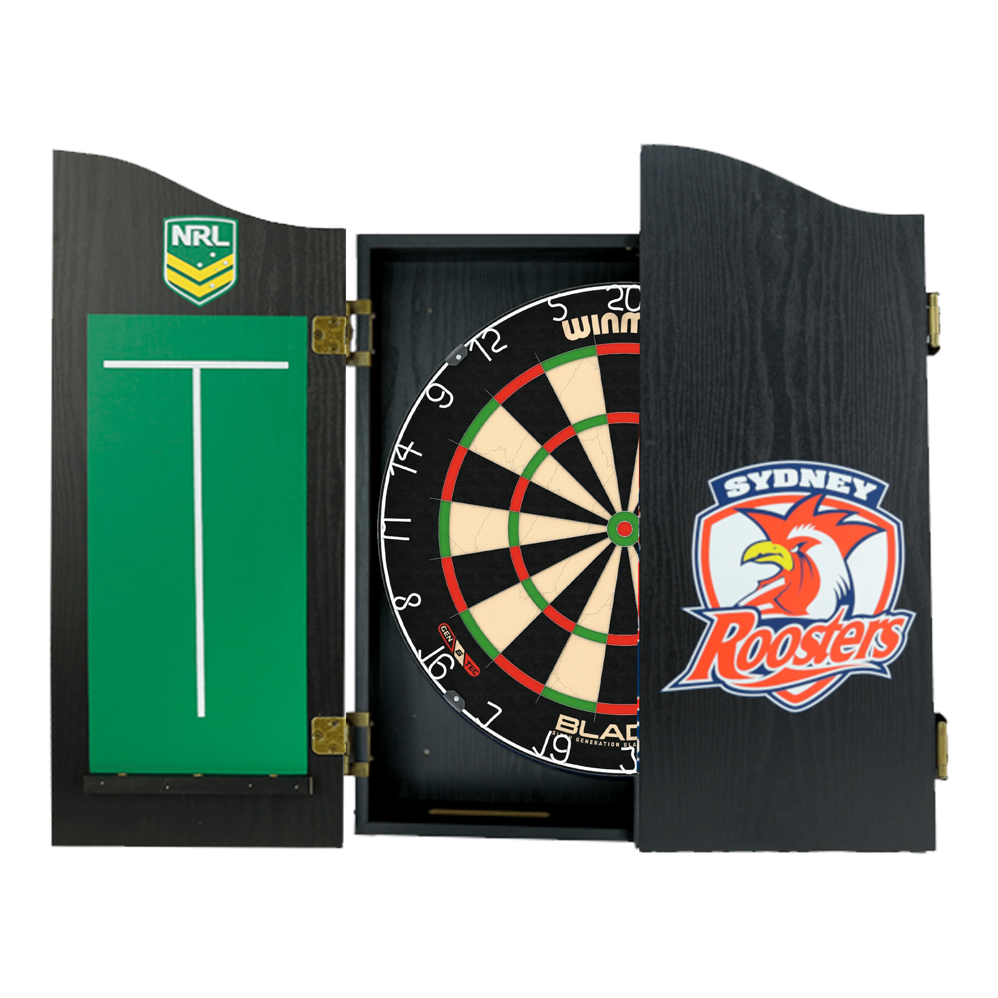 Blade 6 Dartboard, Official NRL Cabinet & Darts - Complete Darts Set