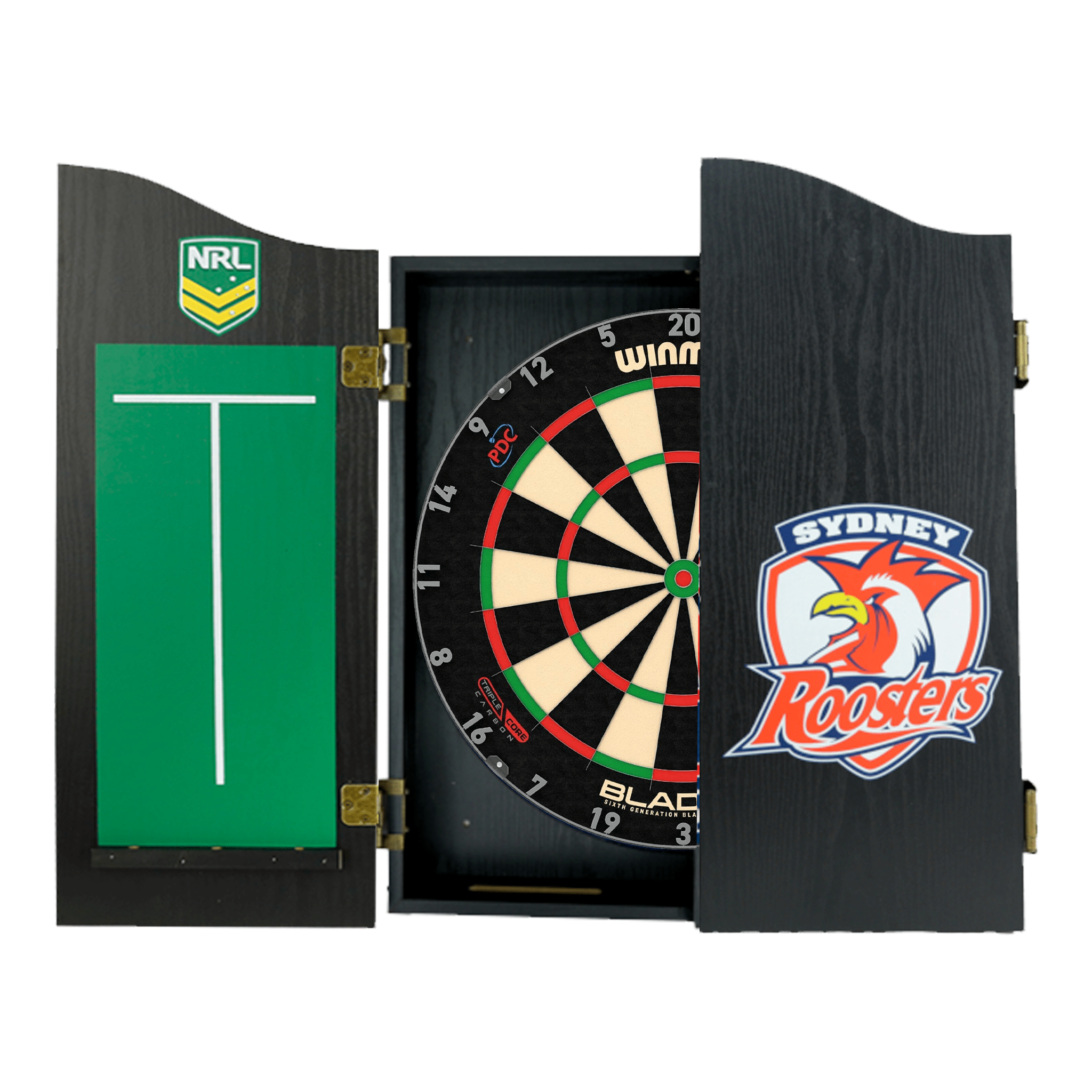 Blade 6 Dartboard, Official NRL Cabinet & Darts - Complete Darts Set