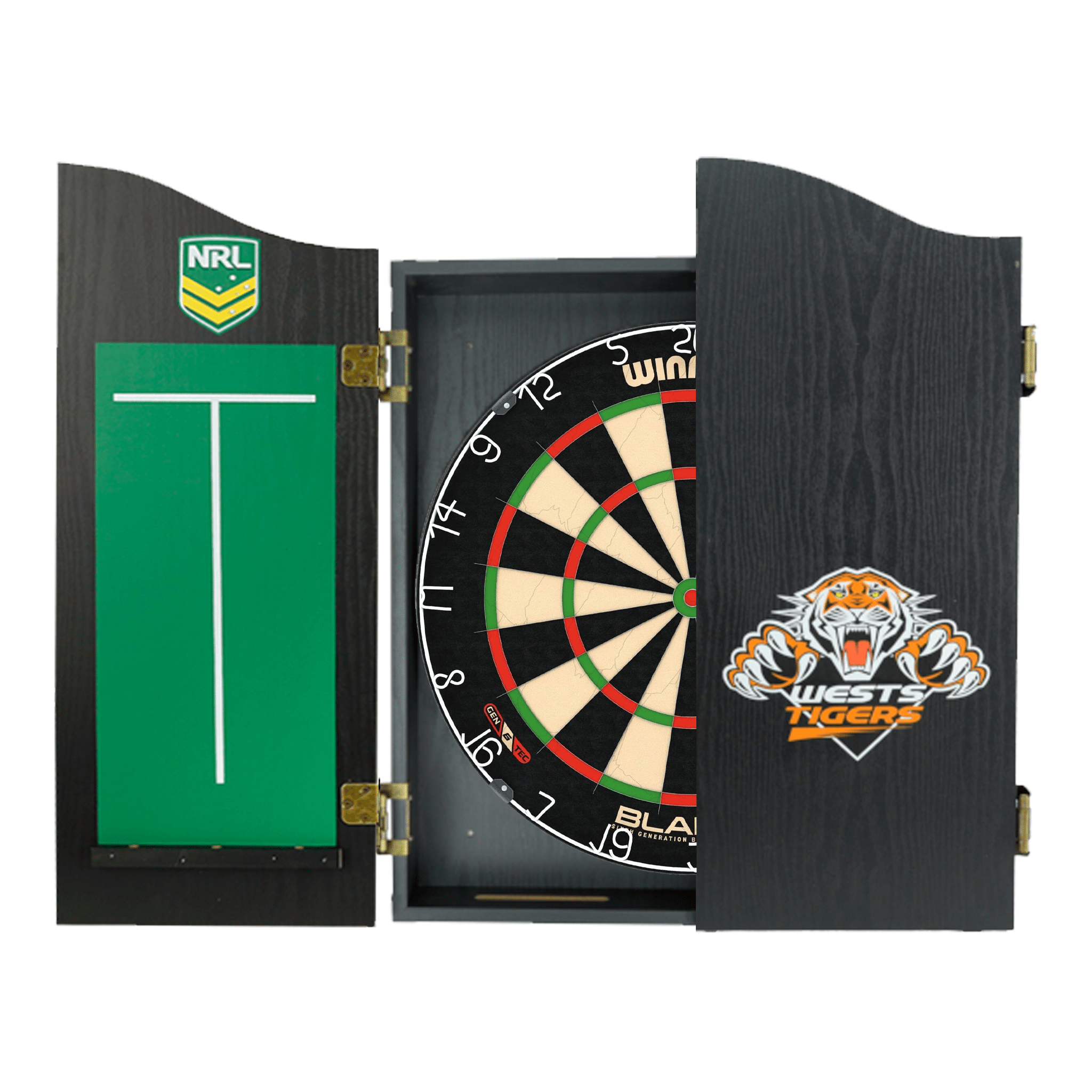 Blade 6 Dartboard, Official NRL Cabinet & Darts - Complete Darts Set