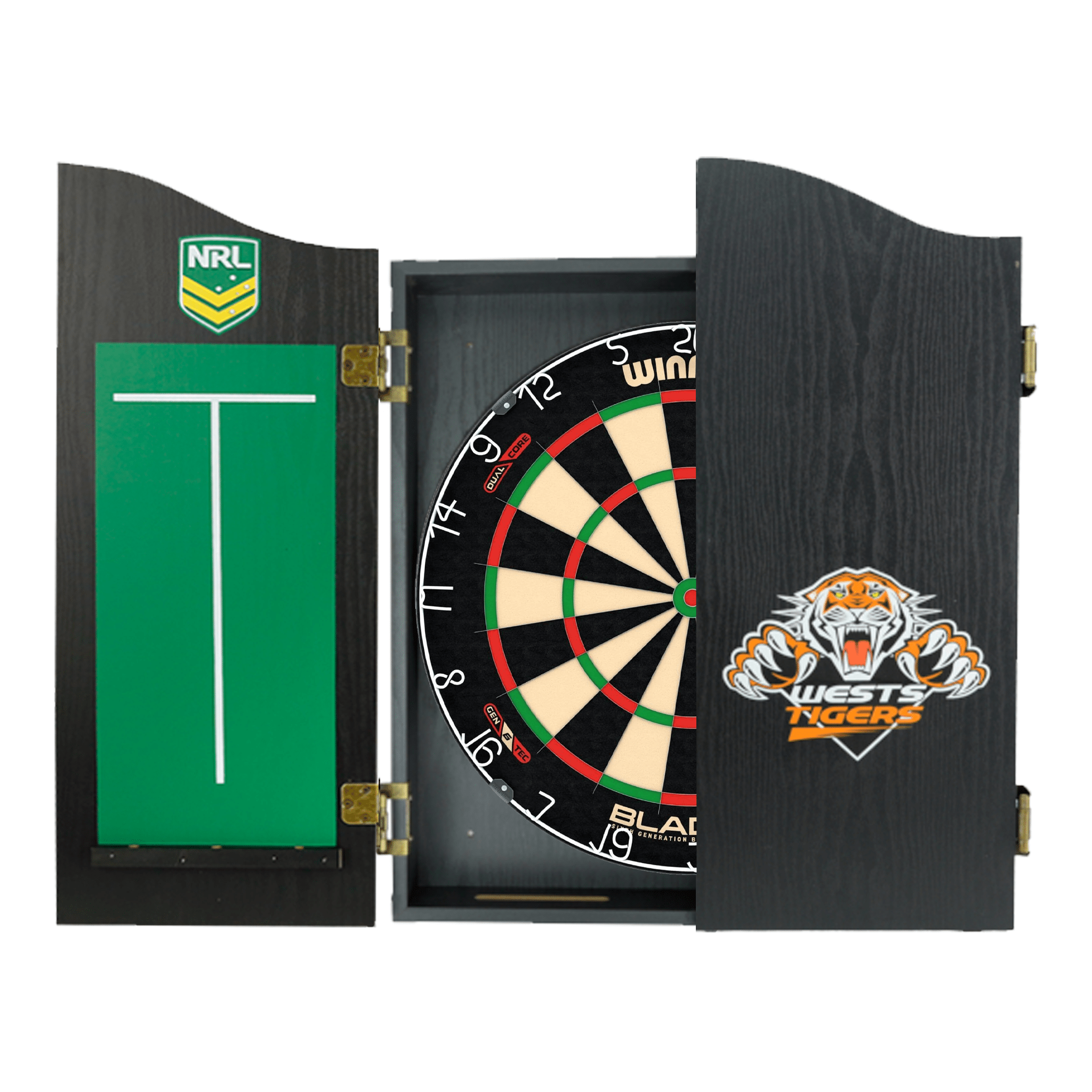 Blade 6 Dartboard, Official NRL Cabinet & Darts - Complete Darts Set