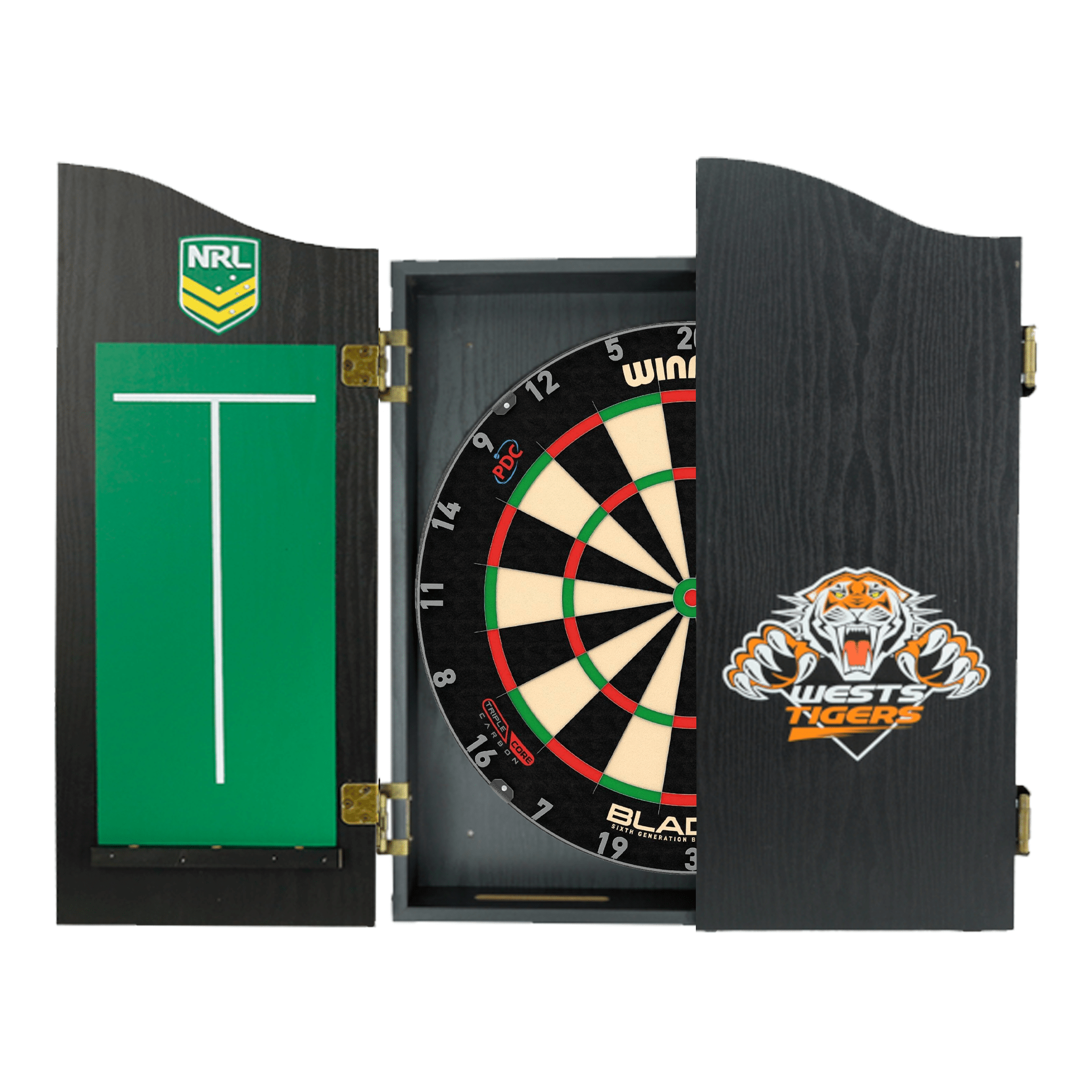 Blade 6 Dartboard, Official NRL Cabinet & Darts - Complete Darts Set
