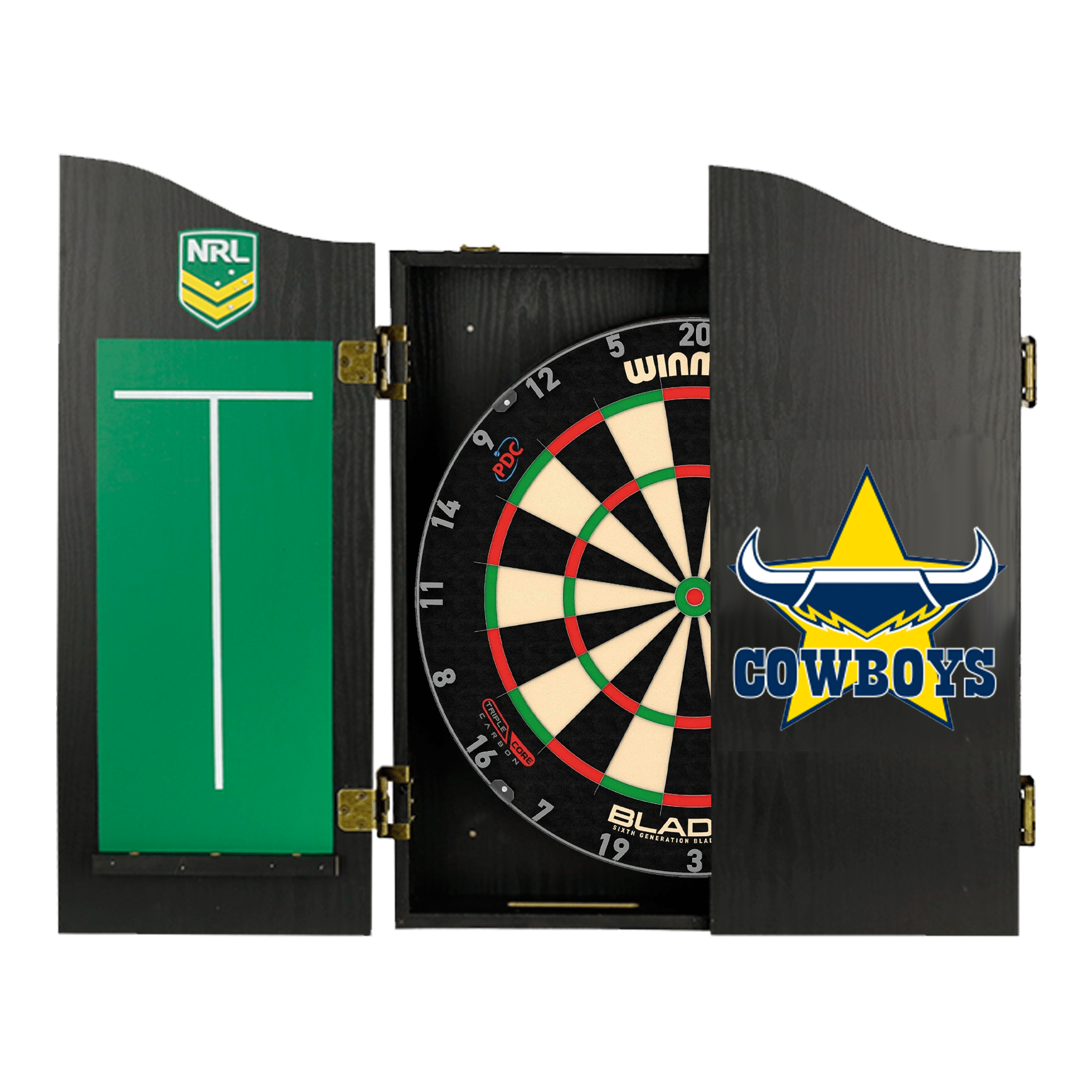 Blade 6 Dartboard, Official NRL Cabinet & Darts - Complete Darts Set