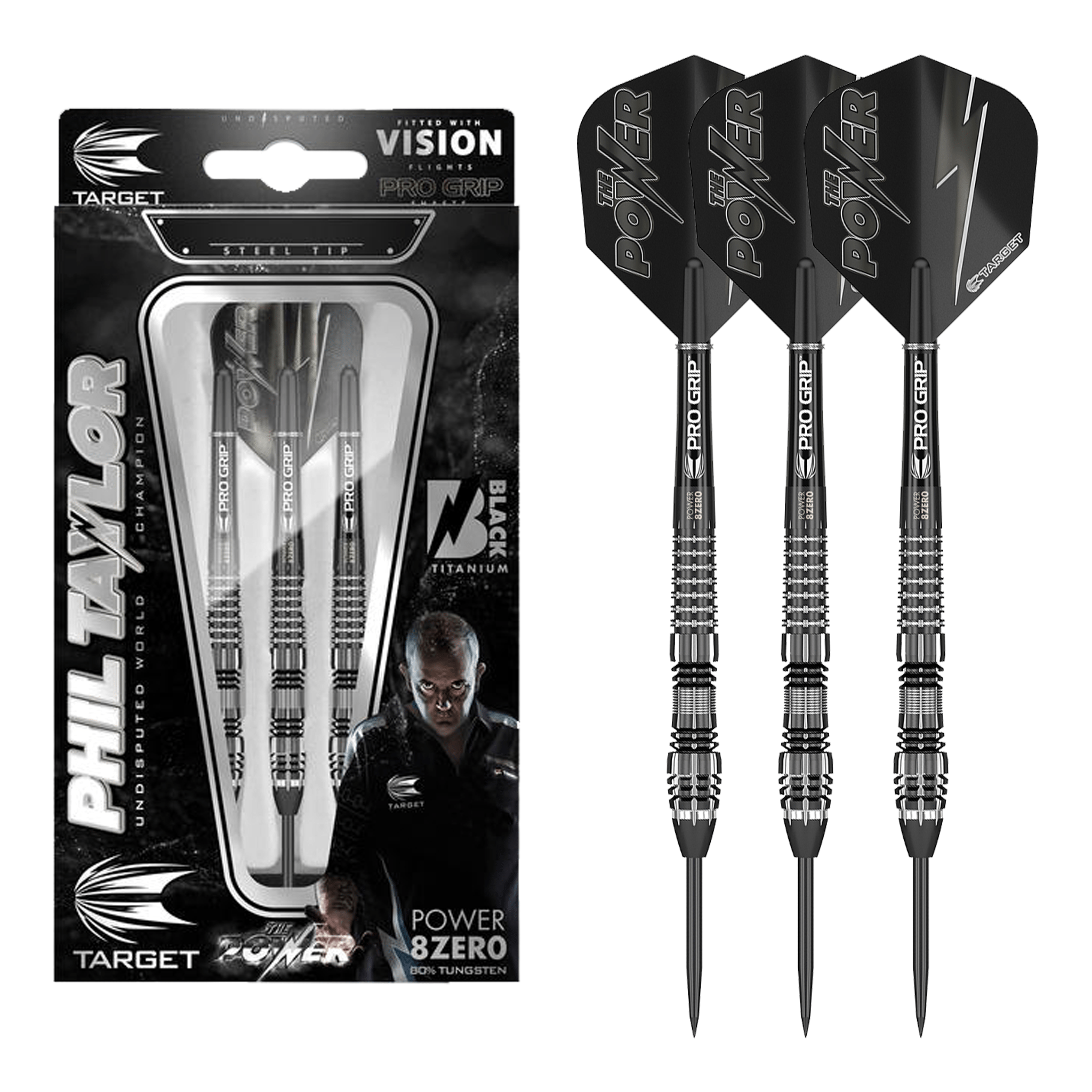 Phil Taylor Power 8Zero Black P8Z4 - 80% Tungsten Steel Tip Darts
