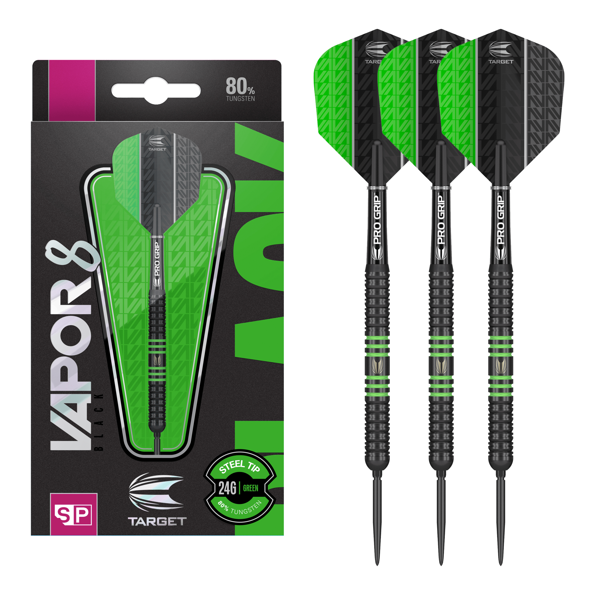 Vapor 8 Black & Green Swiss Point - 80% Tungsten Steel Tip Darts